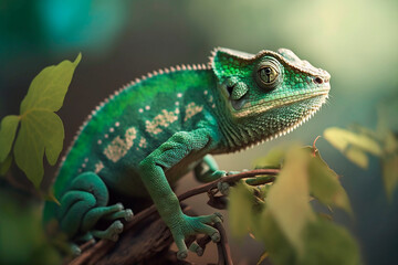 Obraz premium Green chameleon with textured skin close-up, blurred tropical background. Multi-colored skin of a chameleon in nature. Generative AI.