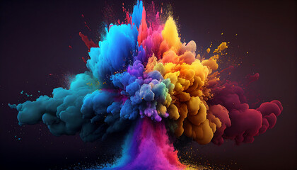 Multicolored rainbow powder paint explosion background, Holi on dark background, abstract background. Generative AI.