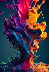 Liquid multicolored paint motion flow, paint splash and splatter, abstract background. Curved wave colorful pattern with paint drops. Generative AI
