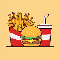 fast food cartoon icon vector illustration. French fries, burger, and soda cup. Food icon concept illustration, suitable for icon, logo, sticker, clipart