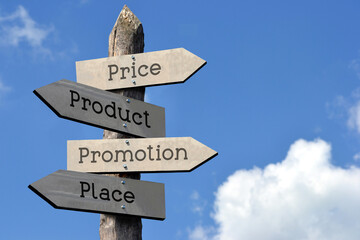 Product, promotion, price, place - wooden signpost with four arrows, sky with clouds