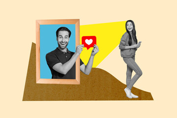 Minimal 3d retro collage of young man hold paper love symbol heart portrait frame remote app matches feelings girlfriend isolated on beige background