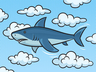 shark flies in the sky around the clouds pinup pop art retro vector illustration. Comic book style imitation.