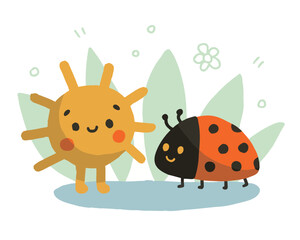 Hand drawn kids cartoon illustration of sun and ladybug