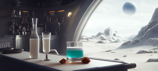 A drink at kepler moon base alpha. A sci-fi space station style bar at some exoplanet, with lunar like landscape outside.  Scifi scene. generative AI.