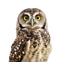 Obraz premium speckled owl face shot , isolated on transparent background cutout , generative ai