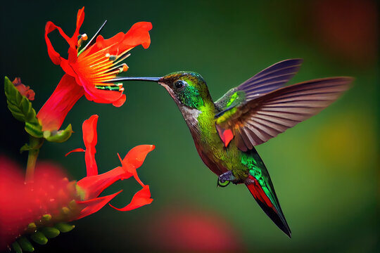 A hummingbird sucks honey from a flower. - Powered by Adobe