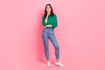 Full size photo of ponder pensive thoughtful girl dressed jeans green shirt look empty space finger...