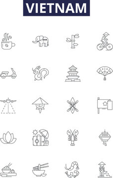 Vietnam line vector icons and signs. Saigon, Hanoi, Mekong, Ho Chi Minh, Ha Long, Cao Dai, Communism, Cu Chi outline vector illustration set