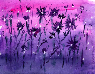 Abstract magenta and purple watercolor hand drawn background with flowers and herbs.