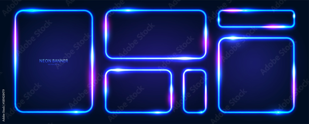 Poster a set of rectangular neon frames with rounded edges with radiance effects, highlights on a dark back