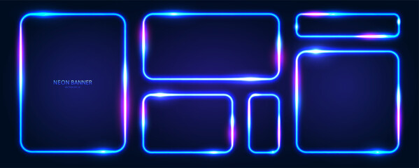 A set of rectangular neon frames with rounded edges with radiance effects, highlights on a dark background. Futuristic modern neon glowing banners. Vector illustration.