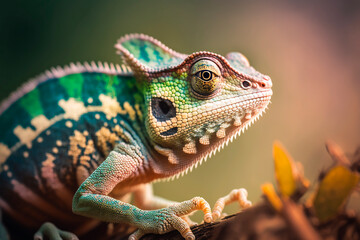 Fototapeta premium Green chameleon with textured skin close-up, blurred tropical background. Multi-colored skin of a chameleon in nature. Generative AI.