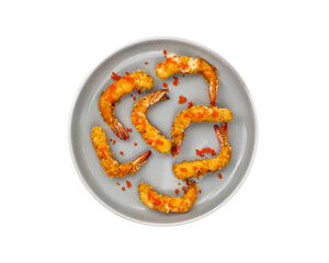 Grilled fried breaded shrimps served with caviar on grey plate isolated on white background