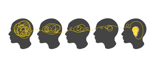 Human head silhouette and tangled line turns into straight line with bulb lamp. Abstract metaphor of complicated way of thinking. Lines unraveling. Business problem solving or difficult situation.