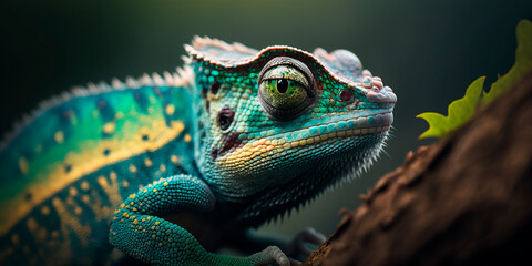 Fototapeta premium Green chameleon with textured skin close-up, blurred tropical background. Multi-colored skin of a chameleon in nature. Generative AI.