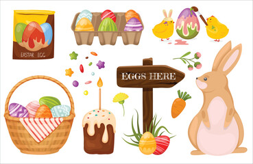 Bright Easter set with cute eggs, bunny, egg paint