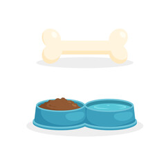 Pet food. Dog food bowl and bone. Vector illustration in a flat trendy style.	