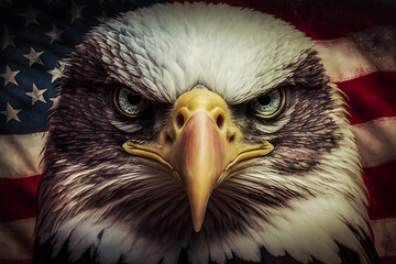 An angry north american bald eagle on american flag. Neural network AI generated art