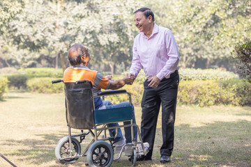 Senior friends meeting in a park and greeting each other, disabled person, wheelchair
