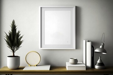 Fototapeta na wymiar Blank White Frame on Empty Wall. Mockup for minimal Room Background Design for show photo