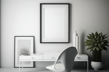 Blank White Frame on Empty Wall. Mockup for minimal Room Background Design for show photo