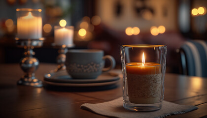 a single coffee and a burning candle in atmospheric cafe with charming an cozy interior in morning light with candle in the table