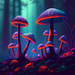 Magic mushrooms in a misty forest. Psykadelic feeling.