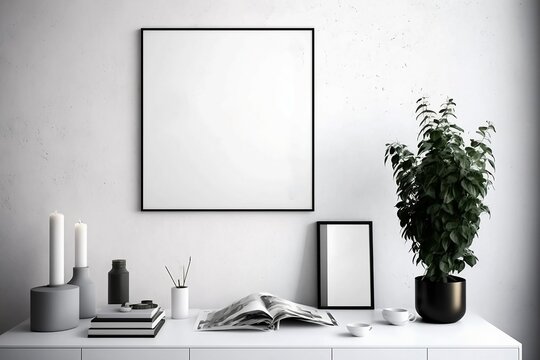 Blank White Frame on Empty Wall. Mockup for minimal Room Background Design for show photo