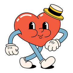 Funny happy cartoon hippie heart. All peace, groovy in the style of the 60s, 70s. Positive and good vibes