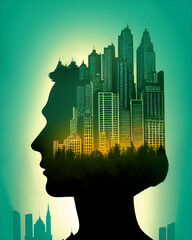 human head silhouette with Forest growing,  Illustration by Generative Ai