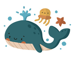 Hand drawn cartoon whale and a jellyfish are swimming in the water save ocean