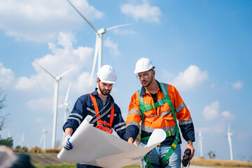 Wind turbine service engineer maintenance and plan for inspection at construction site, renewable...