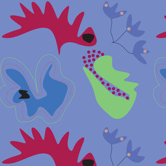 Seamless abstract pattern. Different creaturres on the blue background