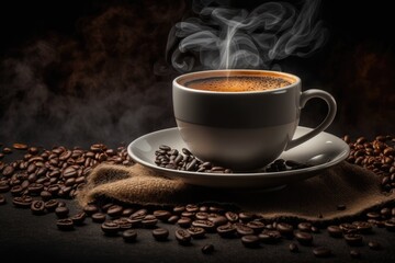Fototapeta premium In a large panorama banner with copy space, a cup of hot, foaming espresso is positioned to the right of a background of freshly roasted coffee beans. Generative AI