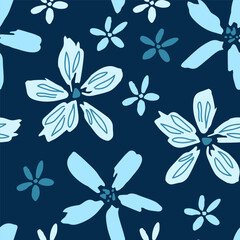Simple floral vector seamless pattern. Light blue flowers on a dark background. For prints of fabric, clothes, textiles.