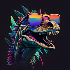 Bright multi-colored dinosaur with sunglasses. Dinosaur hipster.