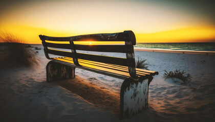 A lone Beach Bench on a White Beach with Beautiful Blue Sky waiting for Summer Holydays. Generative AI