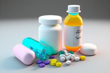 Medicina y medicamentos. Bote de píldoras y pastillas dispersas de diferentes colores.Concepto de medicina y salud para el bienestar sin dolor.Generado por ia.