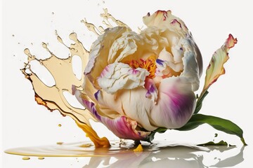  a white and yellow flower with water splashing on it.  generative ai