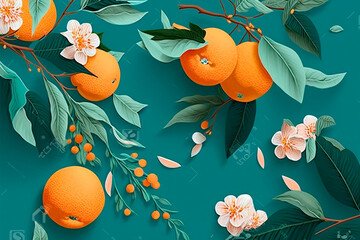 Watercolor drawing of fresh orange and tangerine in orange color with flowers and leaves, organic natural fruits on a blue background, freehand drawing, space for text. Generative AI.