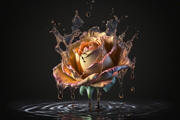  a yellow rose with drops of water on a black background.  generative ai