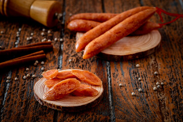 Chinese sausage on wooden board