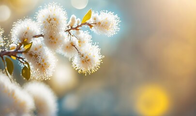 Fototapeta premium a branch of a tree with white flowers and green leaves. generative ai