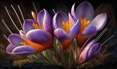 Obraz premium a bunch of purple flowers with orange centers on a black background. generative ai