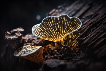 In the shadows of the earth, a small fungus with flying spores is developing on decaying wood. creative macro lighting with a dark background. Generative AI