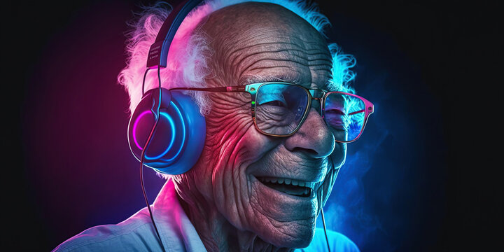 Grandpa listens to music. Cool grandfather wearing headphones listening music. generative ai. Forever young elderly hipster man enjoys a favourite song