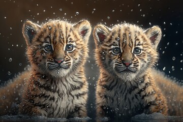 Fototapeta na wymiar Two little tiger cubs with raindrops on a dark background. Generative AI