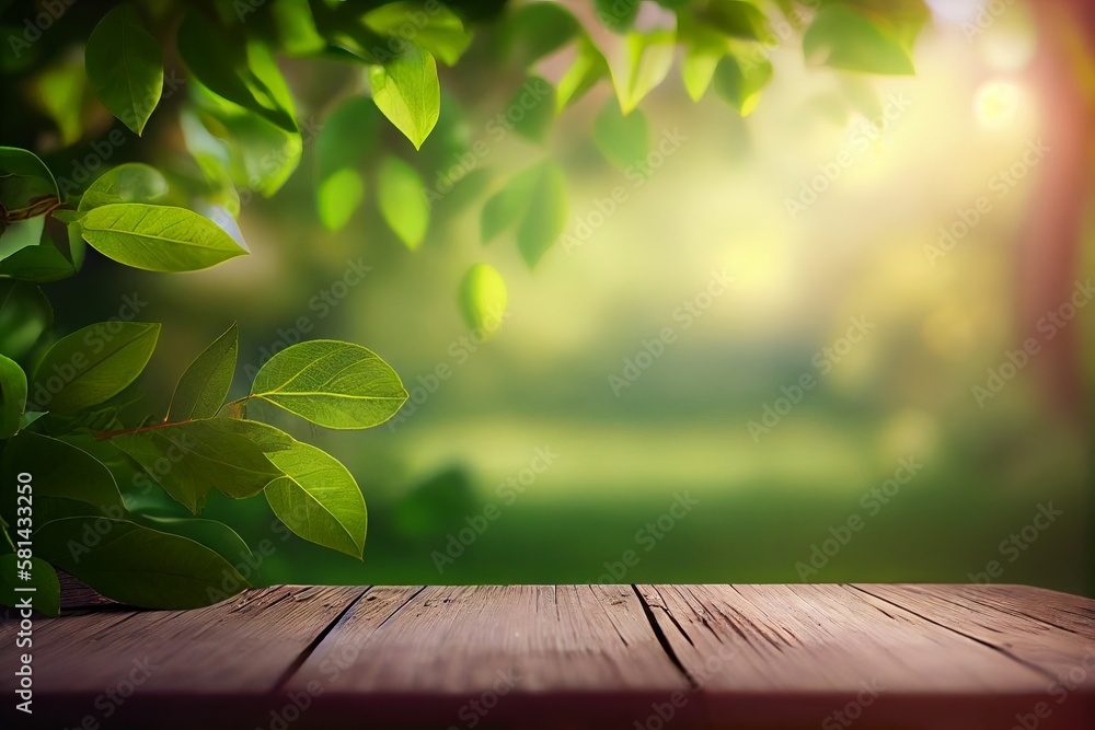 Aufkleber wooden table in front of blurred nature background with bokeh. generative ai