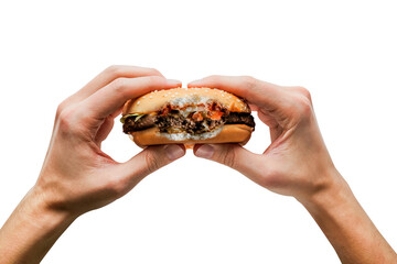 man holds a bitten burger in his hands on a transparent 
 background